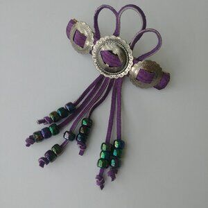 Vintage made in France purple suede leather silver bead hair piece clip